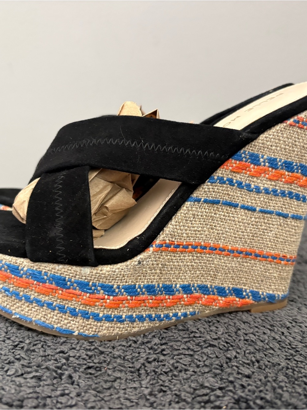 Pelle Moda Black Suede Crisscross Wedge Sandals with Blue and Orange Accent